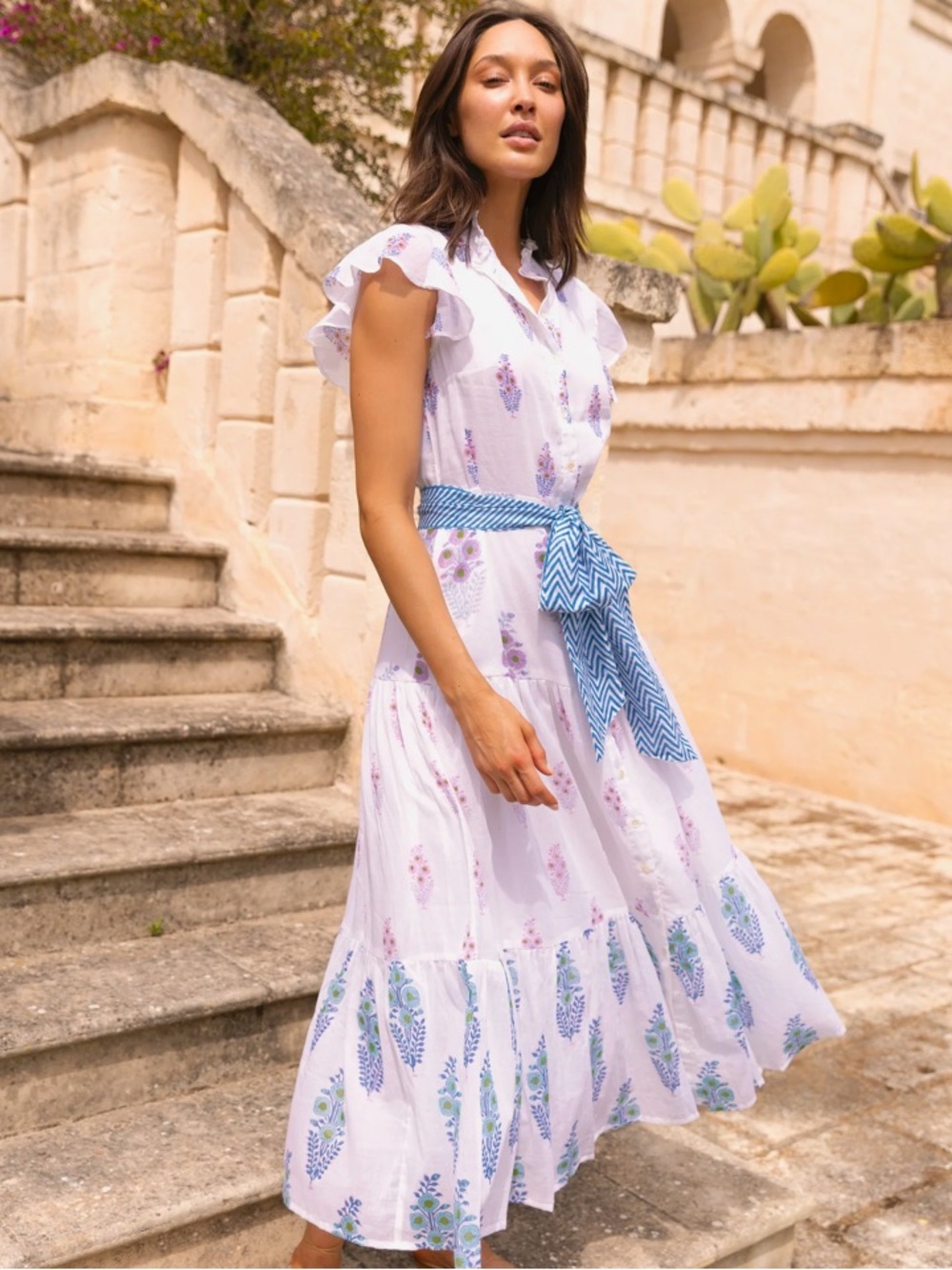 Oliphant Ruffle Collar Button Maxi Dress in Tavira Blue
